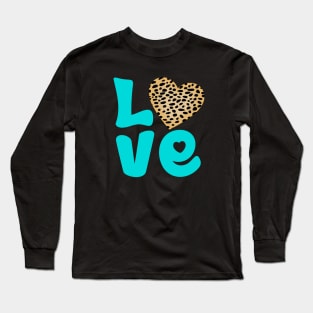 Cheetah Fur Pattern and Turquoise Hearts with Love Word Long Sleeve T-Shirt